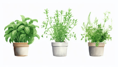 Set of herbs in pots isolated on white background. Vector illustration.の素材