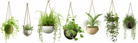 Set of indoor plants in hanging pots isolated on white background. 3d rendering.の素材