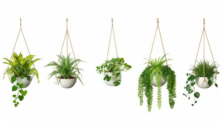 Houseplants hanging on ropes isolated on white background. 3D rendering.の素材