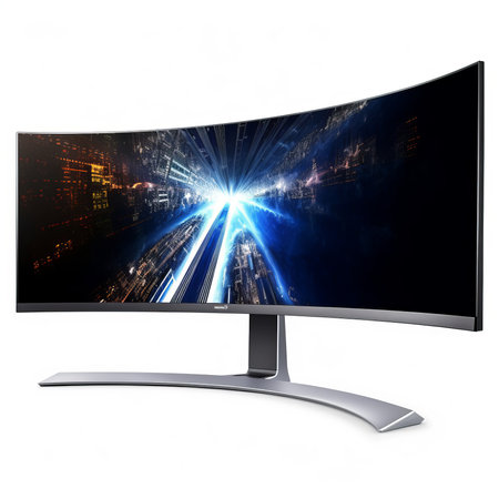Computer monitor with cityscape on the screen. Isolated on white background.の素材