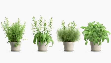 Various herbs in pots isolated on white background. 3D illustration.の素材