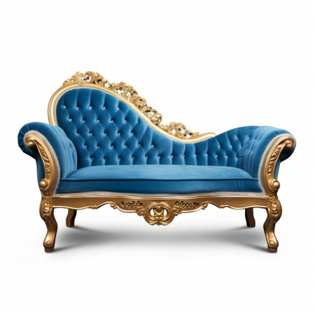 Classic blue sofa with gold trim on white background. 3d renderの素材