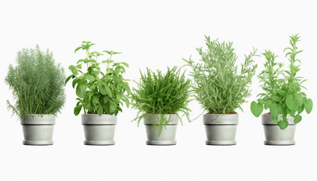 Herbs in pots on a white background. 3D illustration.の素材