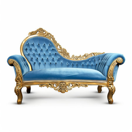 Classic blue sofa with gold ornament on white background. 3d renderの素材