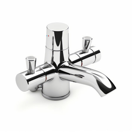 Three chrome faucets isolated on white background. 3d renderの素材