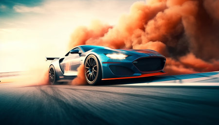 Conceptual image of a sports car with flames coming out of the carの素材