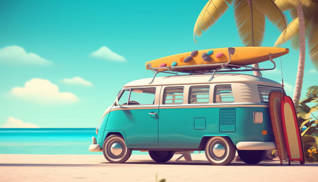 Vintage van with surfboard on the beach. 3d renderingの素材