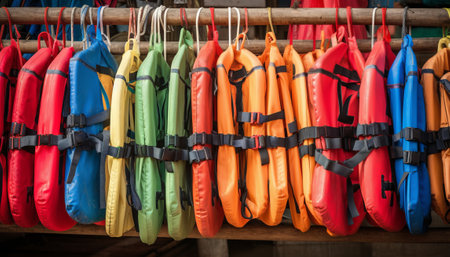 Colorful life jackets hanging on the wall of a fishing boat.の素材
