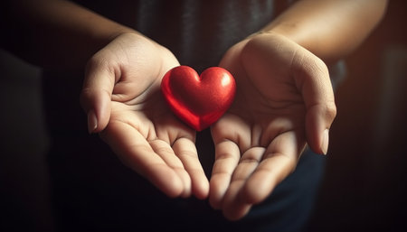 Red heart in the hands of a woman on a dark background.の素材