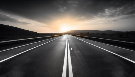 Asphalt road at sunset. Conceptual image of travel and adventure.の素材