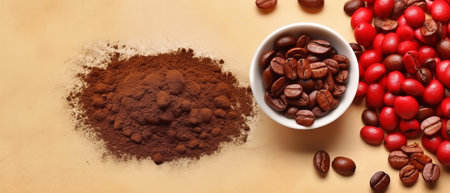 Coffee beans and cocoa powder in a bowl on a brown background.の素材