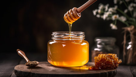 Honey dripping from a wooden honey dipper into a glass jarの素材