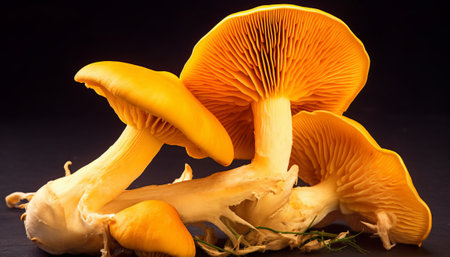 Yellow chanterelle mushrooms on a black background, close upの素材