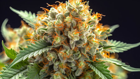 Macro shot of a cannabis plant with yellow and orange flowers.の素材