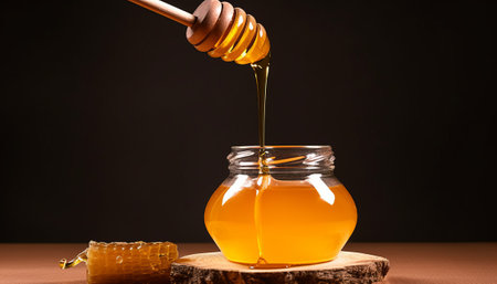 Honey dripping from a wooden honey dipper into a glass jarの素材