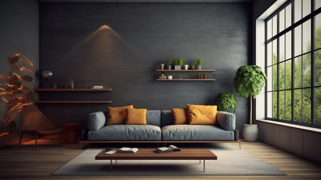 Interior of modern living room with gray walls, wooden floor, grey sofa and coffee table. 3d renderingの素材
