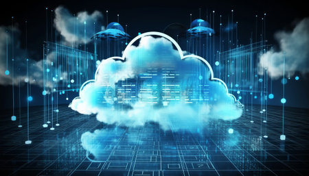 Cloud computing concept with binary code on dark background. 3D renderingの素材
