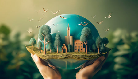 Hands holding globe with trees and buildings. Eco friendly concept.の素材