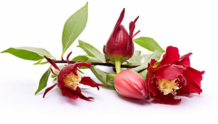 Red tulips and peony flowers isolated on a white background.の素材