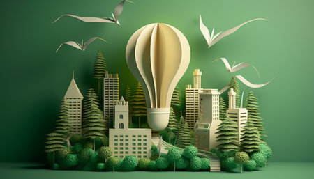 3d illustration of a green city with a hot air balloon in the middleの素材