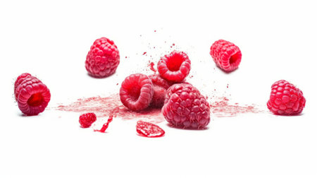 Raspberries and raspberries splashed on a white backgroundの素材