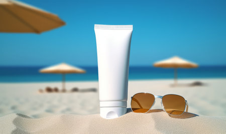Sun protection cream in white tube and sunglasses on the beach. 3d renderingの素材