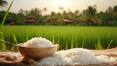 Rice in wooden bowl and spoon on rice field background, Thailandの素材