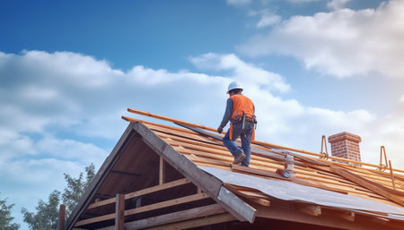 Construction worker on the roof of a wooden house. Construction concept.の素材