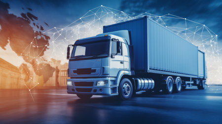 Truck with container on blurred background. Logistics and transportation conceptの素材