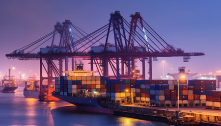 Container Cargo freight ship with working crane bridge at dusk for Logistic Import Export backgroundの素材