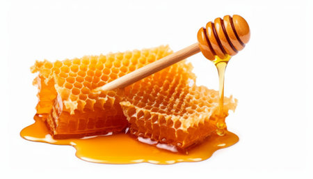 Honey dripping from a honey dipper into honeycombs on a white backgroundの素材