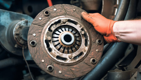 Car mechanic replacing a brake disc of a car. Selective focus.の素材