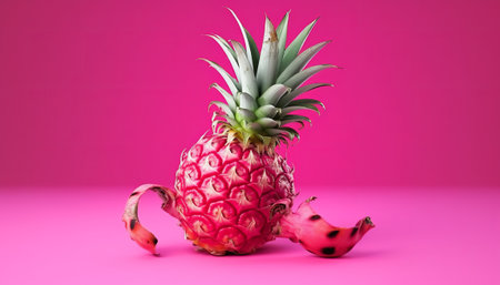 Pineapple and dragon fruit on pink background. Minimal conceptの素材