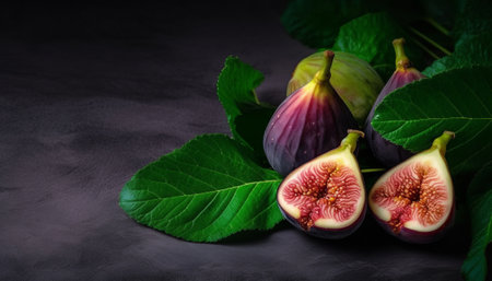 Fresh figs with leaves on a black background. Copy space.の素材