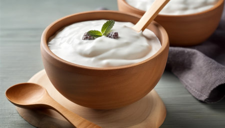 Bowls with tasty yogurt and spoon on wooden table, closeupの素材