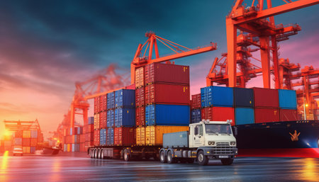 Container Cargo freight ship with working crane bridge at sunset for Logistic Import Export background.の素材