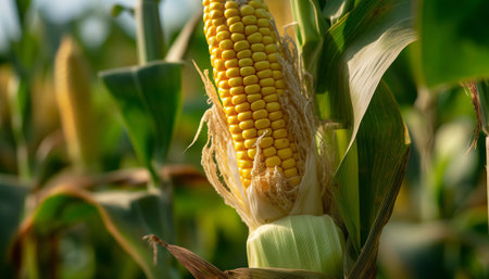 Close up of a cob of corn on the cob in the fieldの素材