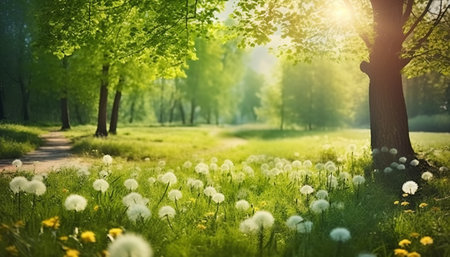 Beautiful spring park with dandelions and green grass. Nature backgroundの素材