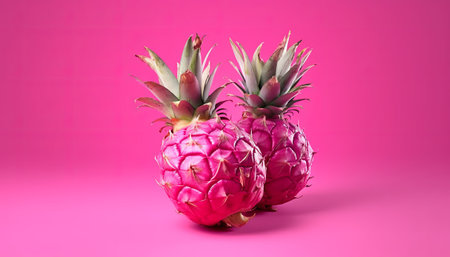 Pineapple and dragon fruit on a pink background. 3d illustrationの素材