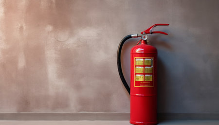 Fire extinguisher on the wall background. Firefighter equipment. Fire safety concept.の素材