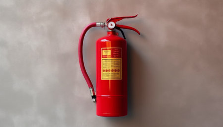 Fire extinguisher hanging on the wall. 3d render illustration.の素材