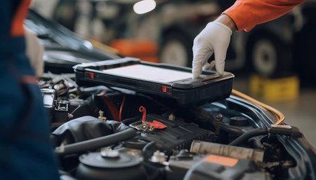 Car mechanic checking engine oil level in auto repair service garage. Auto service industry.の素材