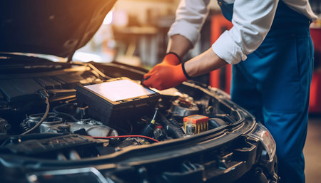 Car mechanic working in auto repair service. Car mechanic checking car engine.の素材