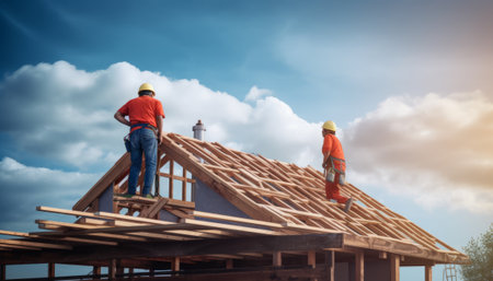 Construction workers on the roof of the house. The concept of building a house.の素材