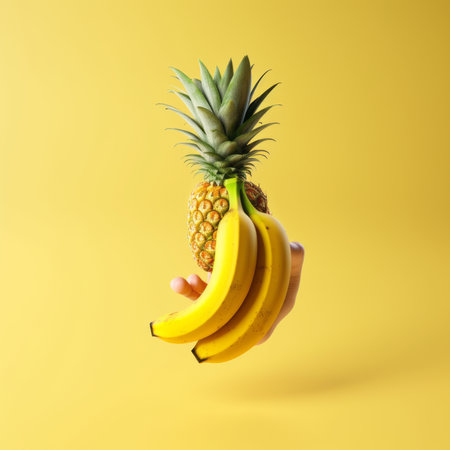 Pineapple and bananas on a yellow background. Minimal conceptの素材