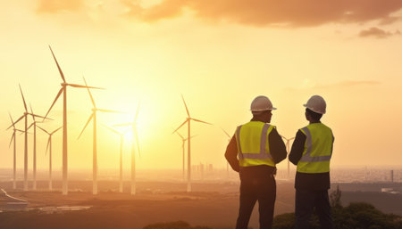 silhouette engineer and wind turbines for renewable energy production at sunsetの素材