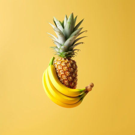 Pineapple and bananas levitate on a yellow background. Minimal styleの素材