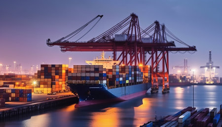 Container Cargo freight ship with working crane bridge at dusk for Logistic Import Export backgroundの素材