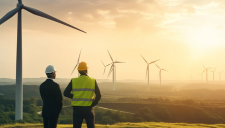 Back view of engineer and architect looking at wind turbines on wind farm at sunsetの素材