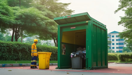 Garbage truck and trash can in public park, Waste management conceptの素材